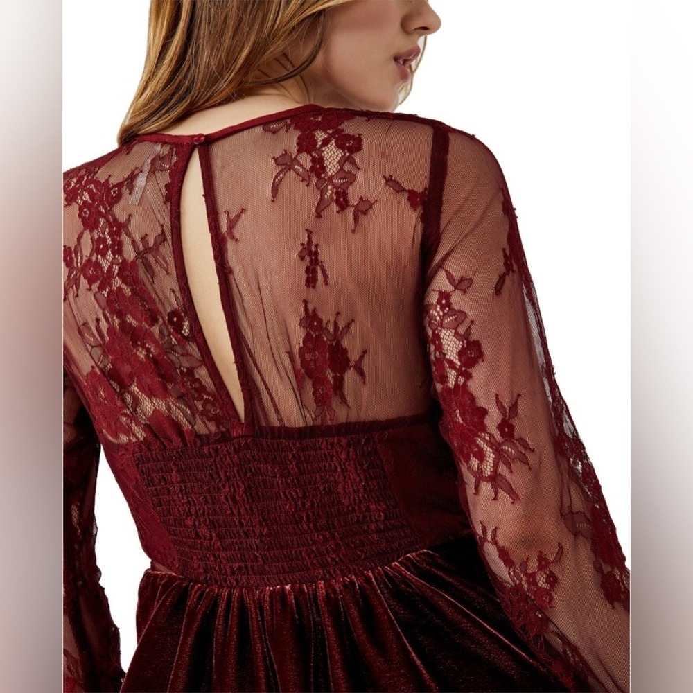 Free People Lace Corset Mini Dress Velvet Burgundy Medium Boho Gothic Festival - Picture 2 of 11